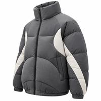 Blouson matelassé unisexe gris à col montant, fermeture éclair, coupe-vent, en polyester épais, décontracté pour l'hiver, coupe ample, design color block