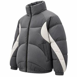 Blouson matelassé unisexe gris à col montant, fermeture éclair, coupe-vent, en polyester épais, décontracté pour l'hiver, coupe ample, design color block - Product Image 6