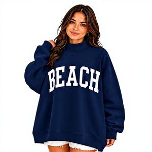 High Quality Custom Applique Logo Relaxed Fit Women's <b>Navy</b> Oversized Long Sleeve Mock Neck Pullover Drop Shoulder <b>Sweatshirt</b> - Product Image 1