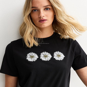 Camisetas Estampadas de Alta Calidad para Mujer, 100% Algodón y Spandex, Tela Suave, Estampado de Margaritas, Cuello Redondo, Corte Regular, Detalle de Botones - Product Image 1