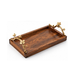 Plateau de rangement rectangulaire classique en bois avec poignées en laiton à motif floral, finition vernie, pour table, à un seul niveau - Product Image 1