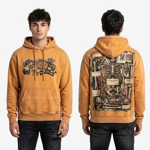 Sweat à capuche jaune moutarde personnalisé pour homme, imprimé avec un diagramme osseux d'un spécimen mort-vivant, style déchiré et coupe oversize - Product Image 1