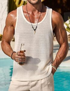 Mens Knitted <b>Mesh</b> Crochet Tank <b>Top</b> Summer Hollow Out Sleeveless Casual Breathable Customizable - Product Image 5