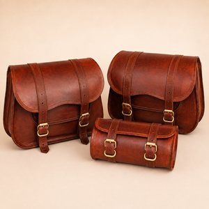 Brown Leather Motorcycle Saddle Bag Set Vintage Bike Side Pannier Tool Bag with Buckle Straps for Touring Ride - Product Image 3