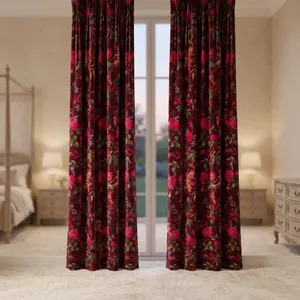 Rideaux en velours de coton rouge vin style vintage, imprimé floral et oiseaux, style bohème, velours de coton de haute qualité pour la décoration de votre maison - Product Image 6