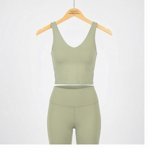 North Approach 2 Piece Yoga Set Deep V Neck Racerback <b>Crop</b> <b>Top</b> High Waist Leggings Solid <b>Green</b> Seamless Breathable Sportswear - Product Image 1