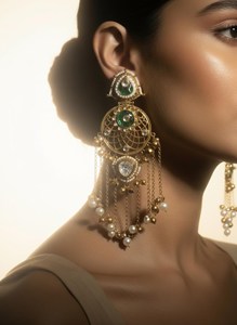 Pendientes de novia con perlas Kundan chapados en oro verde esmeralda, joyería india para boda, largos y colgantes. - Product Image 6