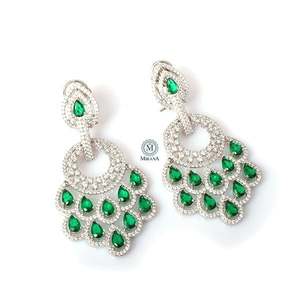 Nihara Peacock Feather Emerald Green Pendant Chandelier Earrings with Pearl - Product Image 4