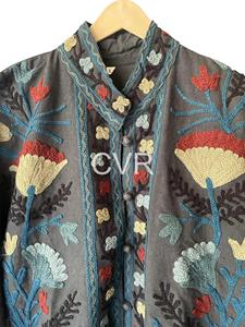 Manteau vintage brodé à col mandarin, grande taille, pour femme, vêtement d'extérieur d'automne, manches longues, veste décontractée en coton - Product Image 3
