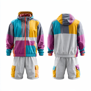 Ensemble de survêtement unisexe imperméable color block, coupe-vent léger à manches longues, style streetwear, avec short et veste de pluie à poches latérales - Product Image 6