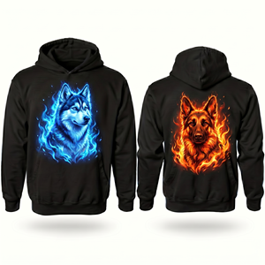 Sudadera con Capucha para Hombre, Corte Regular, Informal, Otoñal, de Poliéster Tejido, con Bolsillos, Diseño de Lobo de Fuego y Hielo, Logotipo Frontal - Product Image 1