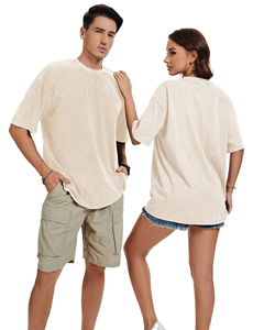 เสื้อยืดโอเวอร์ไซส์ทรงหลวม คอวี แขนสั้น ผ้า 280 แกรม ซักย้อมสีแบบแอซิดวอช สีพื้น สไตล์วินเทจ สำหรับผู้ชายและผู้หญิง - Product Image 2