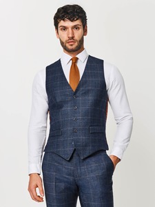 Traje de Negocios para Hombre, Azul a Cuadros, de Lana, Corte Regular, Cuello de Solapa, Antiarrugas, Estilo Británico - Product Image 4