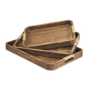 Plateaux décoratifs en bois rustique très demandés, rectangulaires, 2 pièces avec poignées en corde, ensemble de plateaux en bois faits à la main - Product Image 3