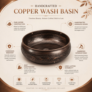 Handcrafted Embossed Copper Vessel Wash <b>Basin</b> <b>Round</b> Luxury Countertop Bathroom Sink Antique Designer <b>Basin</b> for Home Hotel Villa - Product Image 5