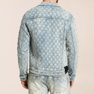 Men's Slim Fit <b>Denim</b> <b>Jacket</b> With Rivet Decoration Turn-down Collar Casual Style Washed Finish Autumn Wear - Product Image 3