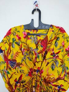 Robe kaftan en coton indien faite à la main avec imprimé d'oiseaux, robe kimono légère - Product Image 2