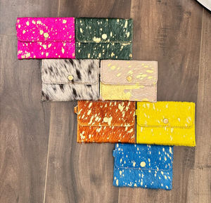 Cartera con llavero de piel de vaca metálica con pelo, Cartera de piel auténtica occidental para tarjetas de crédito, Cartera de piel de color completa para mujer - Product Image 2