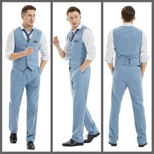 Traje de 3 piezas para hombre, azul claro, de lana peinada, antiarrugas, con chaleco y pantalón de corte recto, formal, para negocios o bodas, de un solo botón, corte ajustado. - Product Image 1