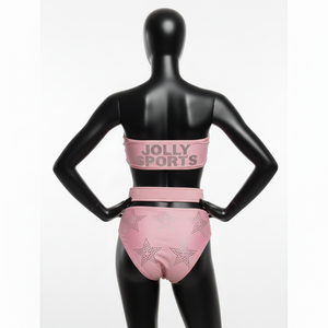 Traje de baño de dos piezas rosa de nailon y spandex GSM de alta calidad con estrella de diamantes de imitación y cinturón con logo personalizado por transferencia térmica para mujer. - Product Image 2