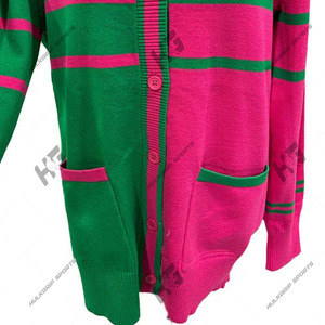 Custom logo AKA Pink Green Sorority V-Neck <b>Cardigan</b> <b>Sweater</b> 100% Cotton Knitted Breathable Autumn Unisex 2-Tone Front Embroidery - Product Image 3