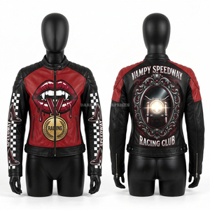 Blouson de course en cuir Vampy Speedway Rouge Noir avec motif lèvres de vampire, style gothique, design miroir, pour club de motards, vêtement d'extérieur pour motard - Product Image 1
