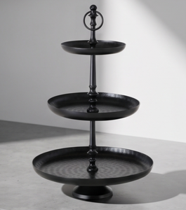 Support à gâteau multifonctionnel à 3 niveaux en métal noir, plateau de service rond texturé avec anneau de finition et poignée, présentoir à pâtisserie - Product Image 4