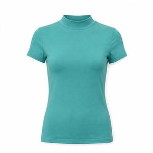 T-shirt ajusté moderne pour femme en jersey de coton côtelé doux, col montant, manches courtes, vert aqua personnalisable - Product Image 1
