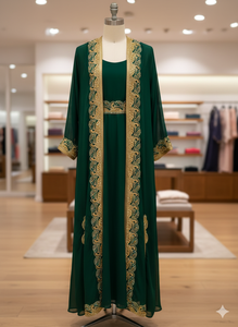 Takchita Kaftan Marocaine de Luxe Vert Royal Brodé en Chiffon Premium, Robe de Soirée Élégante avec Détail de Bordure en Dentelle Dorée - Product Image 3
