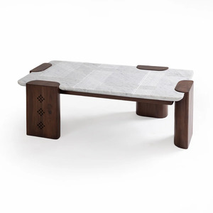 New Modern Minimalist Intricate Design Marble Top In Lining Pattern With Solid Acacia Wood <b>Folding</b> Leg Living Room Coffee <b>Table</b> - Product Image 4