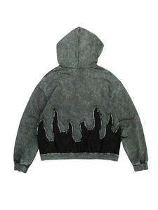 Sudadera con capucha vintage con cremallera lavada y detalle de puntada de llama negra, Sudadera con capucha desgastada en blanco de Terry francés de algodón para hombre, chaqueta con - Product Image 2