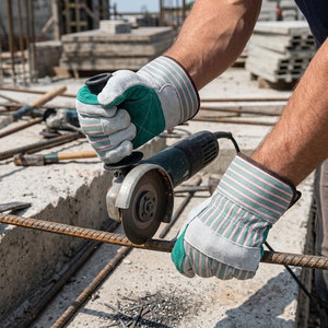 Guantes de Trabajo de Cuero Vacuno de Primera Calidad con Palma Reforzada Verde y Dorso de Lona a Rayas, Guantes de Seguridad Industriales Resistentes - Product Image 3