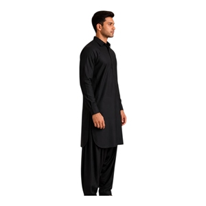 <b>Men's</b> Black Cotton <b>Kurta</b> Pajama Set Ankle-Length Regular Fit Traditional Casual Wear India Pakistan Style Wrinkle Free - Product Image 3