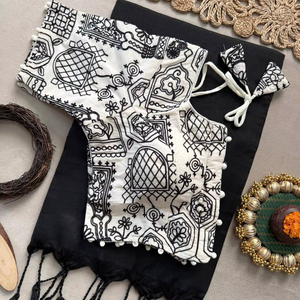 Sari de algodón Khadi tejido a mano de primera calidad con bordado elaborado y blusa acolchada de algodón Aura - Product Image 1