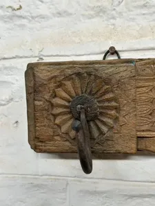 Vintage <b>Wooden</b> Floral Wall Hook Panel <b>Hand</b> Carved Three Hook Hanger for Coats Keys Scarves and Home Decor - Product Image 2