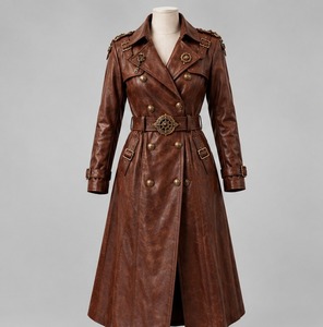 Abrigo Largo de Cuero Marrón para Mujer, Estilo Gabardina, Doble Botonadura, con Cinturón - Product Image 1
