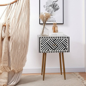 Mesita de noche/mesa auxiliar de madera hecha a mano con incrustaciones de hueso, 1 cajón, diseño sencillo, decoración para el hogar - Product Image 2