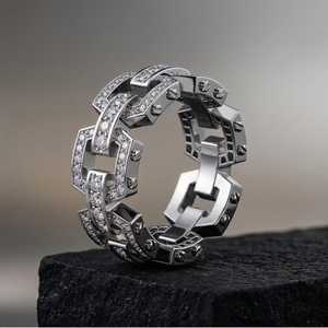 Bague de fiançailles pour homme RAAMAA en or blanc, plaqué rhodium, style hip-hop urbain, avec maillons mécaniques et diamants de laboratoire, best-seller - Product Image 3