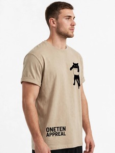 Oneten Apparel Camiseta de manga corta beige para hombre, cuello redondo, estampado gráfico de animales, top informal - Product Image 5