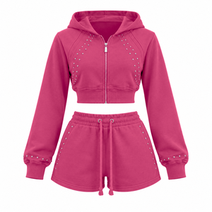 Custom Cotton Co Ord With Cropped Zip Up Hoodie High Waist Shorts and <b>Silver</b> Rhinestone Detail for Fashion Retailers - Product Image 5