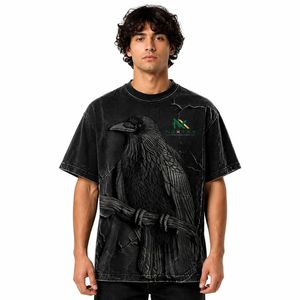 Camiseta Oversize Personalizada para Hombre con Estampado de Cuervo y Lavado Ácido, Estilo Casual de Verano, Hip Hop, Streetwear, Transpirable, 100% Algodón Tejido, Vintage - Product Image 1