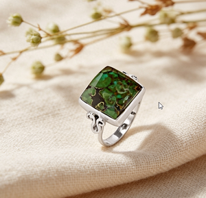 Art Palace 925 Silver Natural Green Turquoise <b>Ring</b> Geometric Bohemian Style Unisex Bezel Setting Everyday Wear Jewelry - Product Image 3