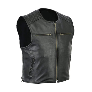 Chaleco de Motociclista de Cuero Genuino para Hombre, Cuello Redondo, Cierre de Cremallera, Transpirable, Sin Mangas, Estilo Sólido Negro - Product Image 4