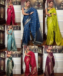 Sari de Seda Azul con Borde de Zari, Traje Tradicional Indio para Bodas, para Mujer, Largo hasta el Suelo, Corte Regular - Product Image 4