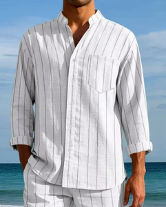 Chemise décontractée en lin pour homme à manches longues et col montant rayé, simple boutonnage, respirante, coupe tendance en tissu satiné - Product Image 2