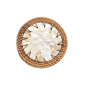 Elegant Circular Rattan-Edged Shell <b>Coaster</b> - <b>Heat</b>-Insulating Mother-of-Pearl Inlay - Modern Craft Tableware - Product Image 1