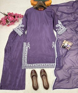 MODERN CHINON SILK THREAD EMBROIDERY WORK TOP PALAZZO WITH DUPATTA 84565 PURPLE - Product Image 4