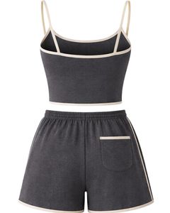 Charcoal Grey Women Camisole And Shorts Set Summer Two Piece Outfit Cotton Blend Crop <b>Top</b> Drawstring Shorts Casual Lounge Set - Product Image 2