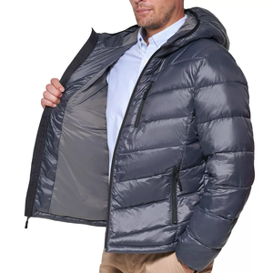 Men's Navy Blue Hooded Sherpa Lined Floral Puffer <b>Jacket</b> <b>Zipper</b> Closure Windproof Casual Winter Regular Fit Polyester Filling - Product Image 3