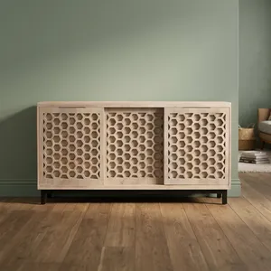 Vintage Reclaimed Indian Wooden Sideboard Buffet <b>Cabinet</b> with Three Honeycomb Geometric Cutwork Doors <b>Black</b> Metal Legs - Product Image 4